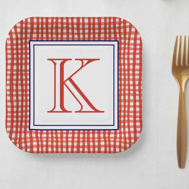 Watercolor Red White & Blue Gingham Monogram Paper Plate (Creator Uploaded)