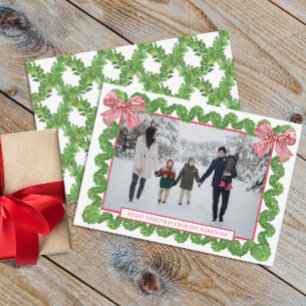 Watercolor Red & White Bow Garland Photo Holiday Card