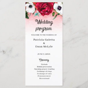 Watercolor Red White Floral Flat Wedding program 