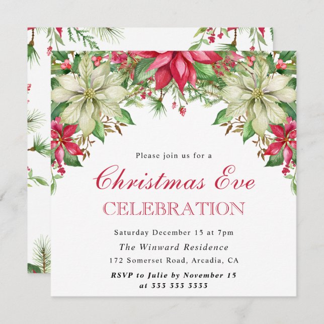 Watercolor Red & White Poinsettia Christmas Eve Invitation (Front/Back)