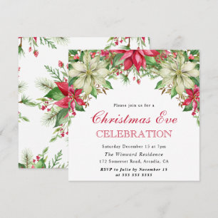 Watercolor Red & White Poinsettia Christmas Eve Invitation