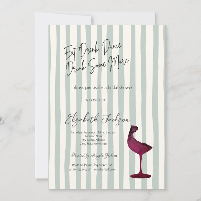 Watercolor Red Wine Glass Green Striped  Invitation (Front)