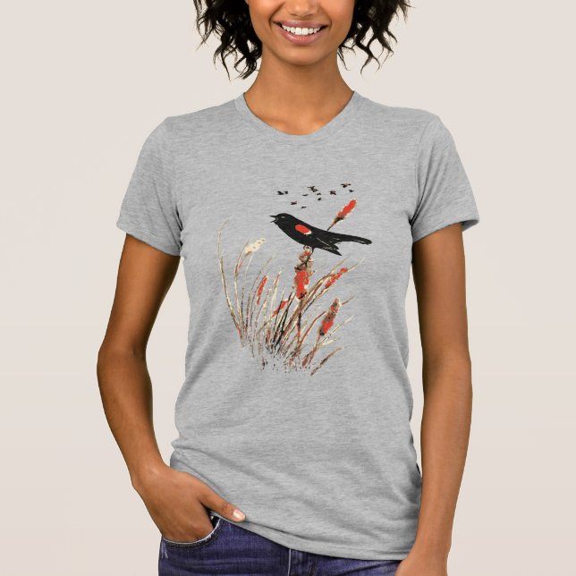 Watercolor Red Wing Blackbird Bird Nature art T-Shirt (Front)