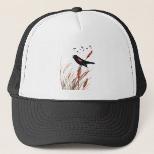 Watercolor Red-Wing Blackbird Wildlife Cattails Trucker Hat