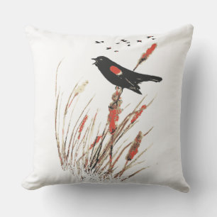 Watercolor Red Winged Blackbird Bird Animal Art Cushion