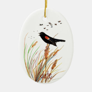 Watercolor Red-Winged Blackbird - Bird Collection Ceramic Tree Decoration