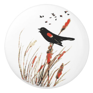 Watercolor Red-winged Blackbird Bird Nature Art Ceramic Knob