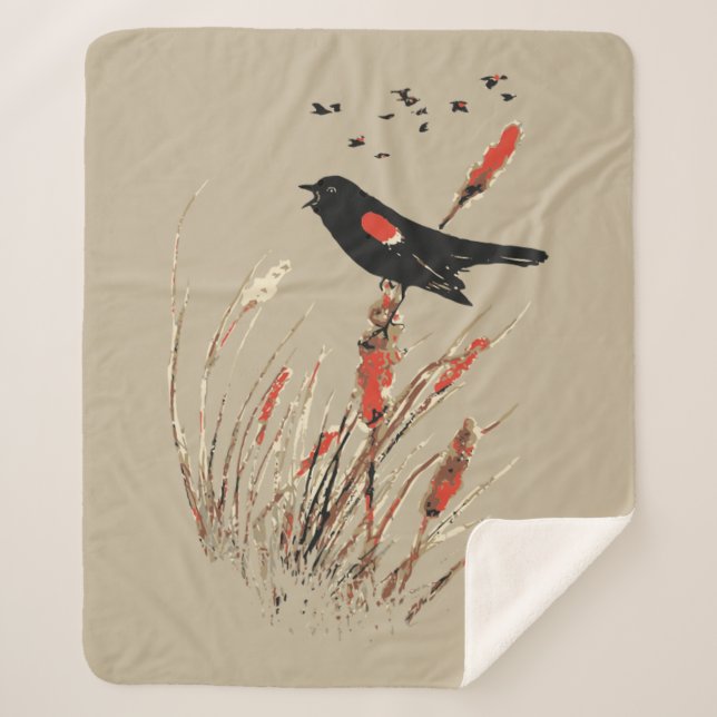 Watercolor Red-Winged Blackbird Bull Rushes Sherpa Blanket (Front)