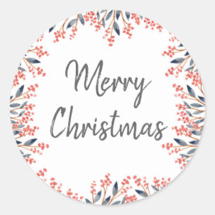 Watercolor Red Winter Berries Merry Christmas Classic Round Sticker
