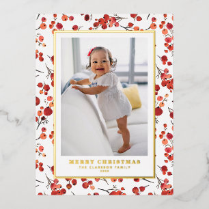 Watercolor Red Winterberry Christmas Photo Foil Holiday Postcard