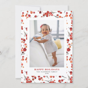 Watercolor Red Winterberry Christmas Photo Holiday Card