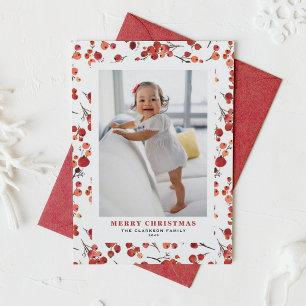 Watercolor Red Winterberry Christmas Photo Holiday Card