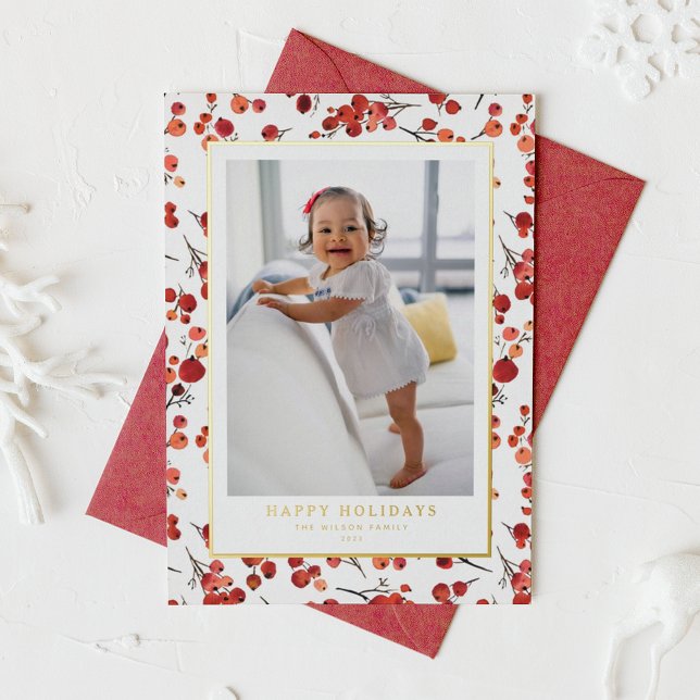 Watercolor Red Winterberry Happy Holidays Photo Foil Holiday Card (Creator Uploaded)