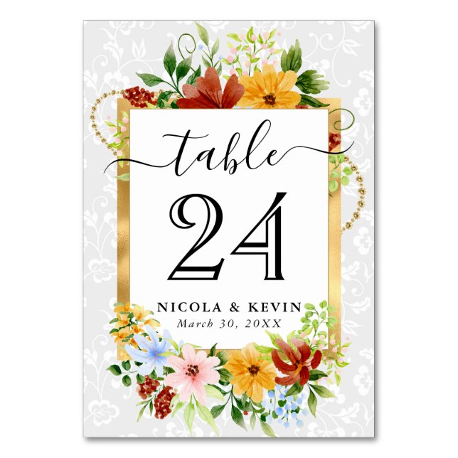 Watercolor Red Yellow Blue Flowers Wedding Table Number (Front)