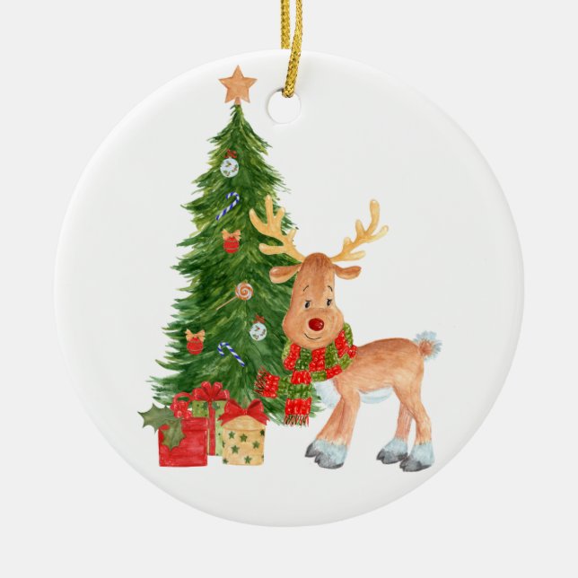 Watercolor Reindeer Baby Ceramic Ornament (Front)