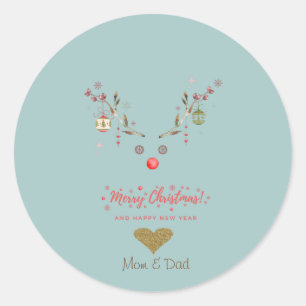  Watercolor Reindeer Christmas Balls Gold Heart Classic Round Sticker
