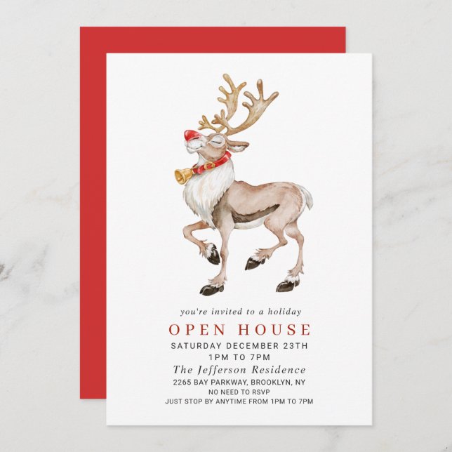 Watercolor Reindeer CHRISTMAS HOLIDAY OPEN HOUSE Invitation (Front/Back)