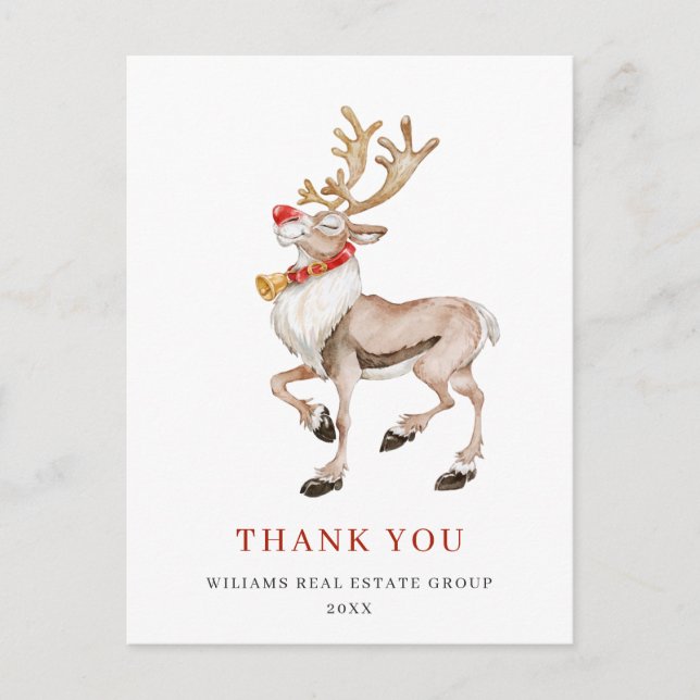 Watercolor Reindeer Christmas Holiday Thank You Postcard (Front)