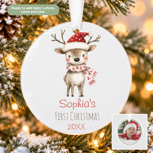 Watercolor Reindeer Christmas Ornament Baby Photo
