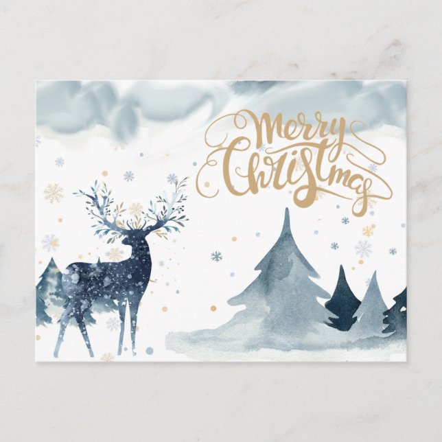 Watercolor Reindeer Christmas Postcard (Front)