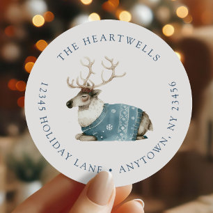 Watercolor Reindeer Christmas Return Address Classic Round Sticker