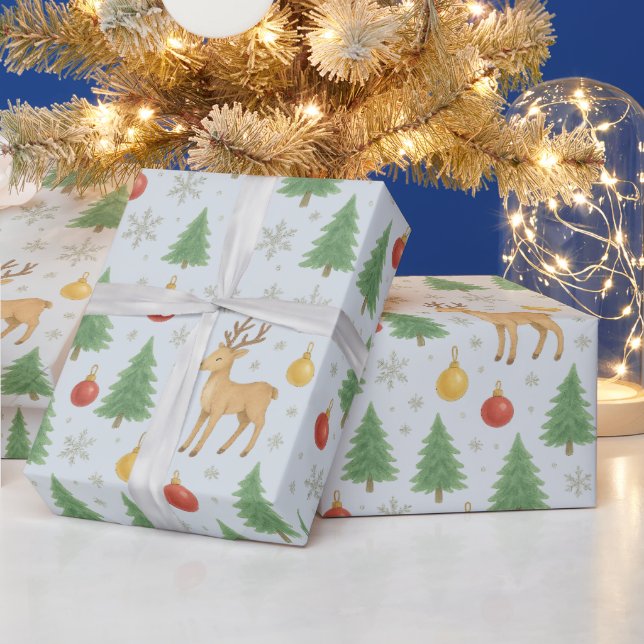 Watercolor Reindeer & Christmas Tree -  Wrapping Paper (Holidays)