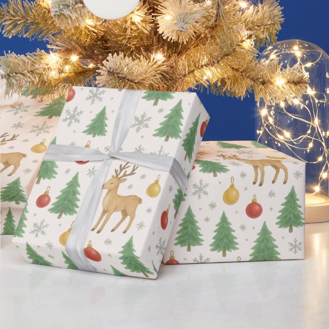 Watercolor Reindeer & Christmas Tree -  Wrapping Paper (Holidays)