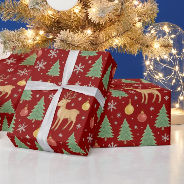 Watercolor Reindeer & Christmas Tree -  Wrapping Paper (Holidays)