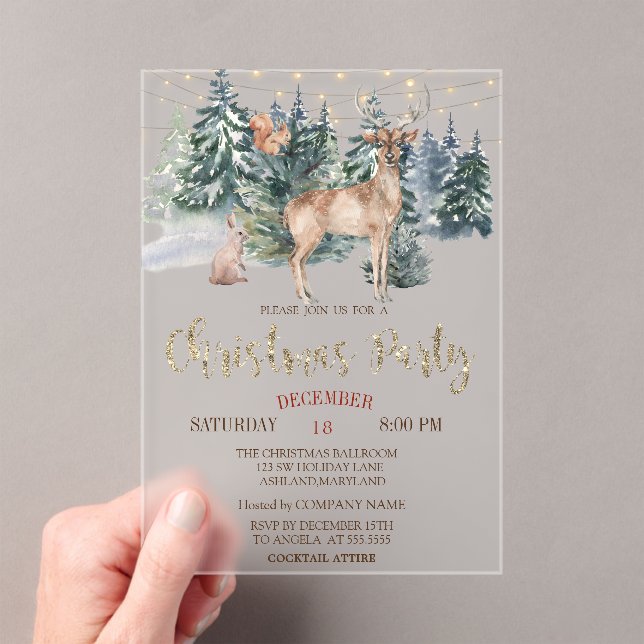 Watercolor  Reindeer,Forest Christmas Party   Acrylic Invitations (Insitu (Handheld))