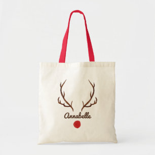 Watercolor reindeer funny antlers red nose tote bag