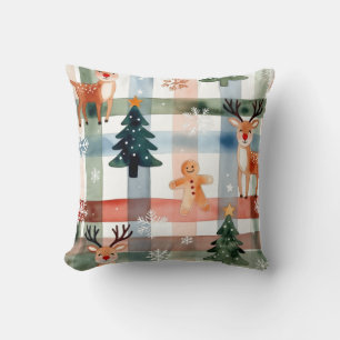 Watercolor Reindeer Gingerbread Man Snowflake Tree Cushion