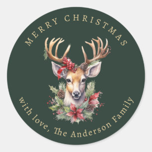Watercolor Reindeer Holly Berries Christmas Classic Round Sticker