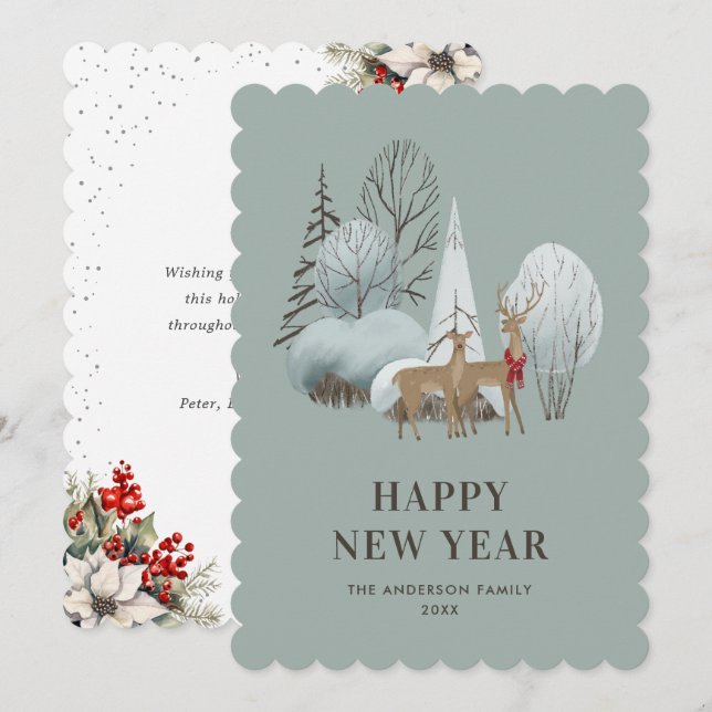 Watercolor Reindeer Holly Berries New Year Card (Front/Back)