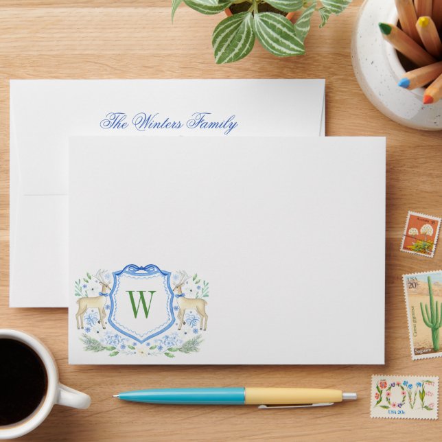 Watercolor Reindeer Monogram Crest Christmas Envelope (Desk)