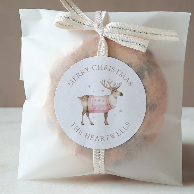Watercolor Reindeer Personalised Merry Christmas Classic Round Sticker (Creator Uploaded)