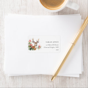 Watercolor Reindeer Poinsettia Christmas Address Label