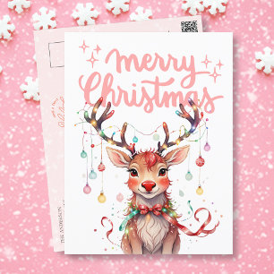 Watercolor Reindeer Rudolph and Christmas Lights Postcard