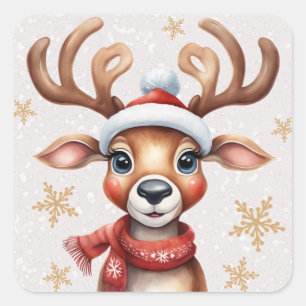 Watercolor Reindeer Snowy Christmas Square Sticker