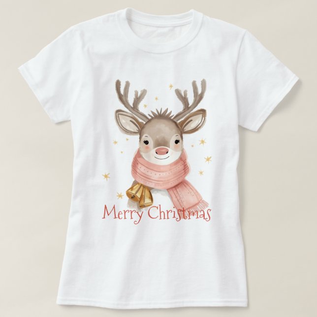 Watercolor Reindeer With Gift Custom T-Shirt (Design Front)