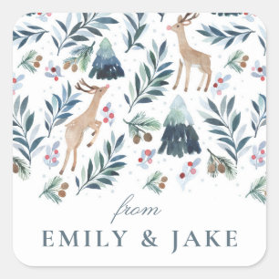 Watercolor Reindeers in the Forest Holiday Square Sticker