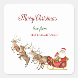 Watercolor Reindeers Santa Claus Sleigh Christmas Square Sticker