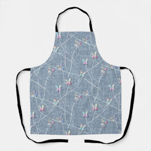 Watercolor Relief Butterflies on Denim Blue Linen Apron