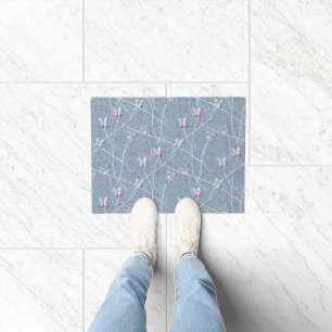 Watercolor Relief Butterflies on Denim Blue Linen Doormat