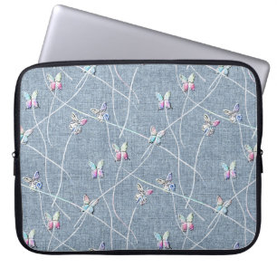 Watercolor Relief Butterflies on Denim Blue Linen Laptop Sleeve