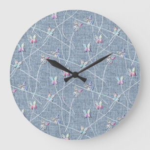 Watercolor Relief Butterflies on Denim Blue Linen Large Clock