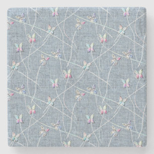 Watercolor Relief Butterflies on Denim Blue Linen Stone Coaster