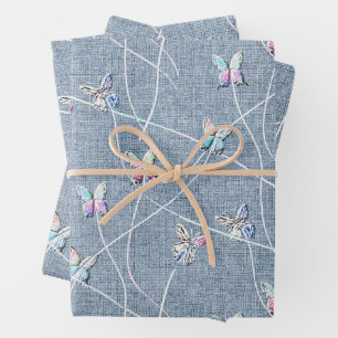Watercolor Relief Butterflies on Denim Blue Linen Wrapping Paper Sheet