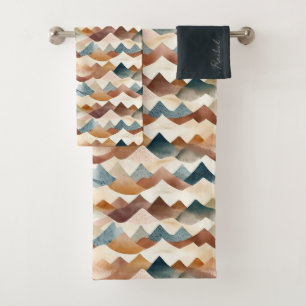 Watercolor Repeat Mountains Boho Monogram Bath Towel Set