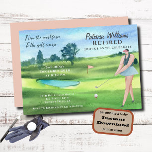 Watercolor Retired Golf Women On Golf Course Invitation
