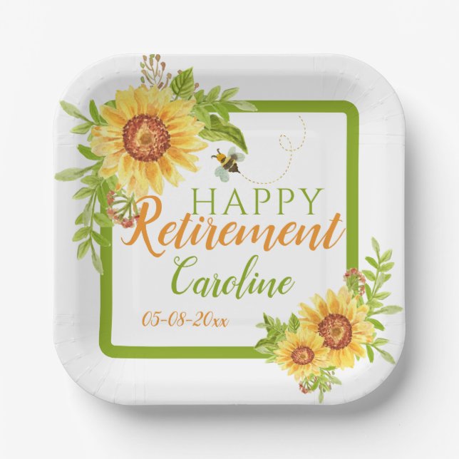 Watercolor Retirement Floral Sunflower  Paper Plate (Front)